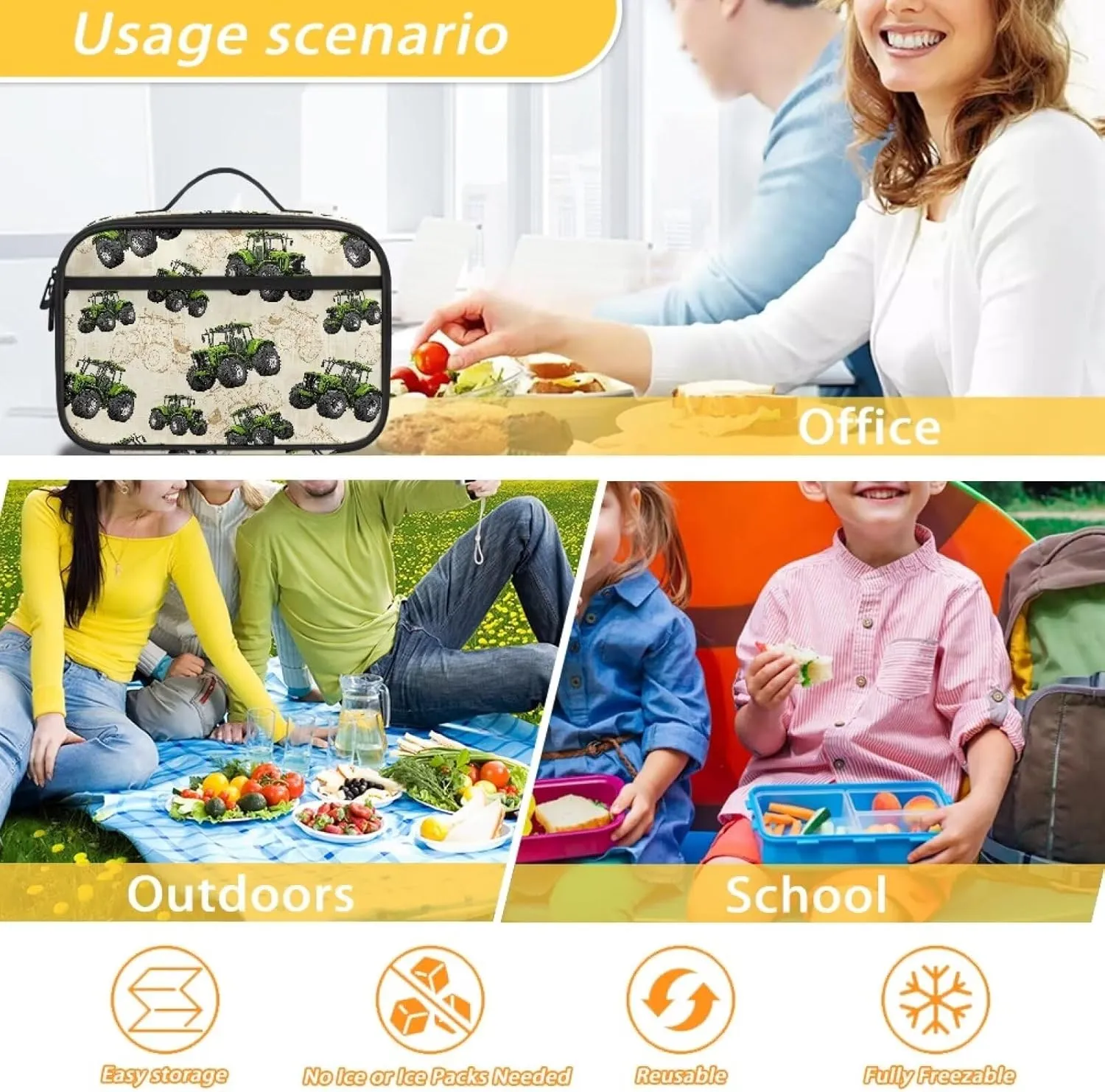 COEQINE Trucks Lunch Box for Boys School Lunch Box Ice Packs Reusable Insulated Lunch Bag For Kids Teen Middle School Elementary Pre School Handbag Keep Food Warm or Cold