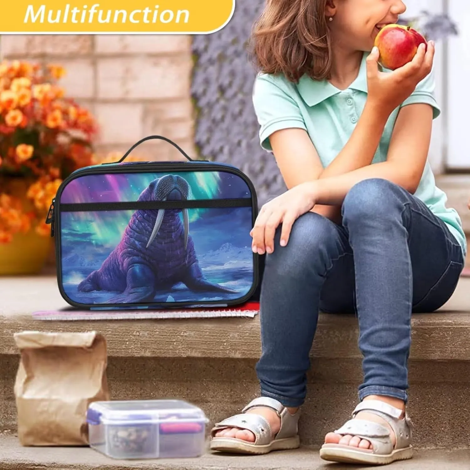COEQINE Walrus School Lunch Box for Men Boys Elementary Pre School Handbag with Handles Travel Lunchbox Boys 8-12 Insulated Reusable Men Lunch Bag for Work Back to School Gifts