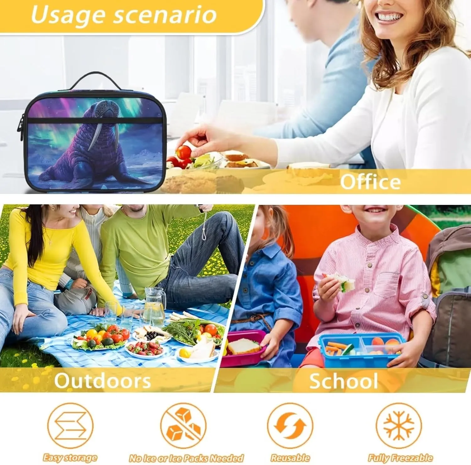 COEQINE Walrus School Lunch Box for Men Boys Elementary Pre School Handbag with Handles Travel Lunchbox Boys 8-12 Insulated Reusable Men Lunch Bag for Work Back to School Gifts
