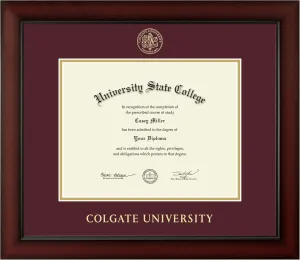 Colgate University 11" w x 8.5" h Diploma Frame - Fits a bachelor's - Gold Embossed Diploma Frame - Cherry Moulding with Maroon and Gold Matting - Officially Licensed