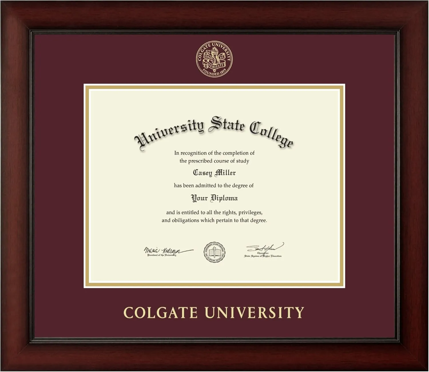 Colgate University 11" w x 8.5" h Diploma Frame - Fits a bachelor's - Gold Embossed Diploma Frame - Cherry Moulding with Maroon and Gold Matting - Officially Licensed