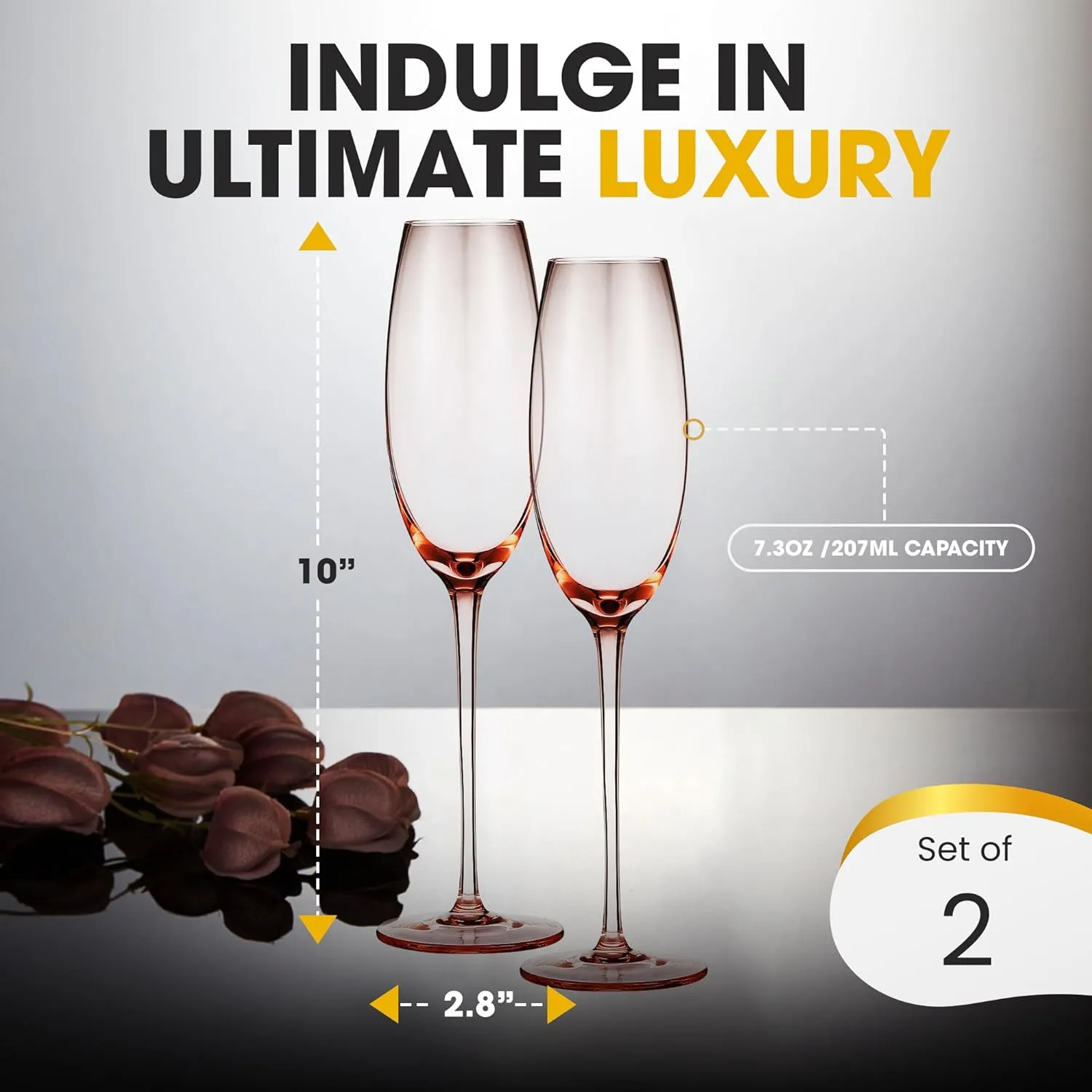 Colored Champagne Flutes Set of 2 - Elegant Champagne Glasses - 7.3oz (Rose Pink)