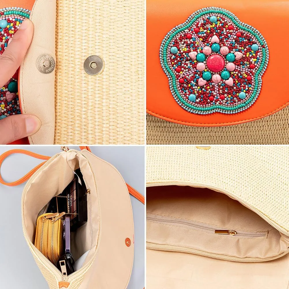 Colorful Embroidered Straw Crossbody Bag, PU Leather Stylish Versatile Evelope Purse, Novelty Beads Pattern Shoulder Tote