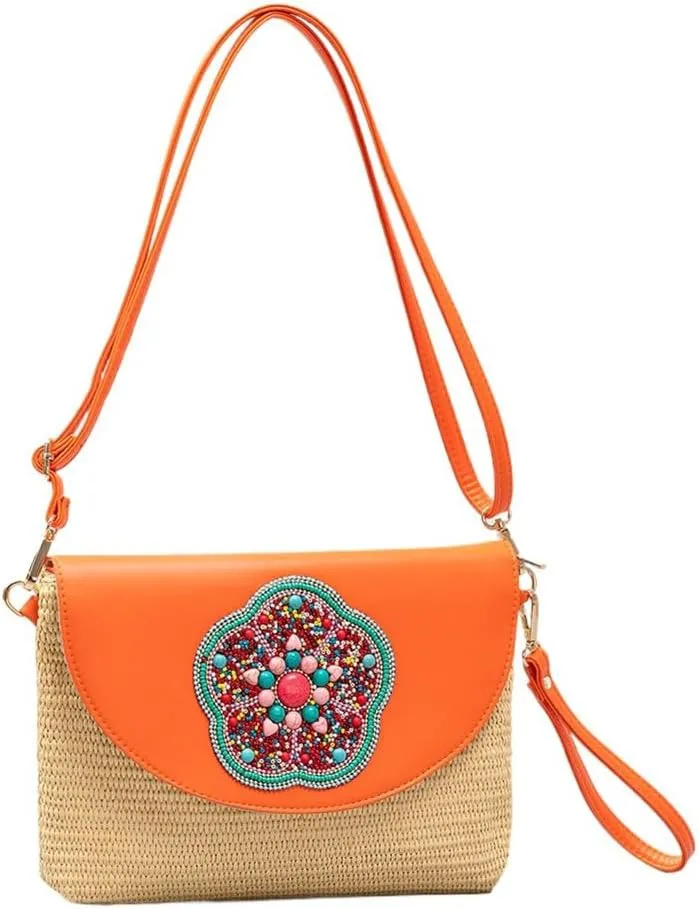 Colorful Embroidered Straw Crossbody Bag, PU Leather Stylish Versatile Evelope Purse, Novelty Beads Pattern Shoulder Tote