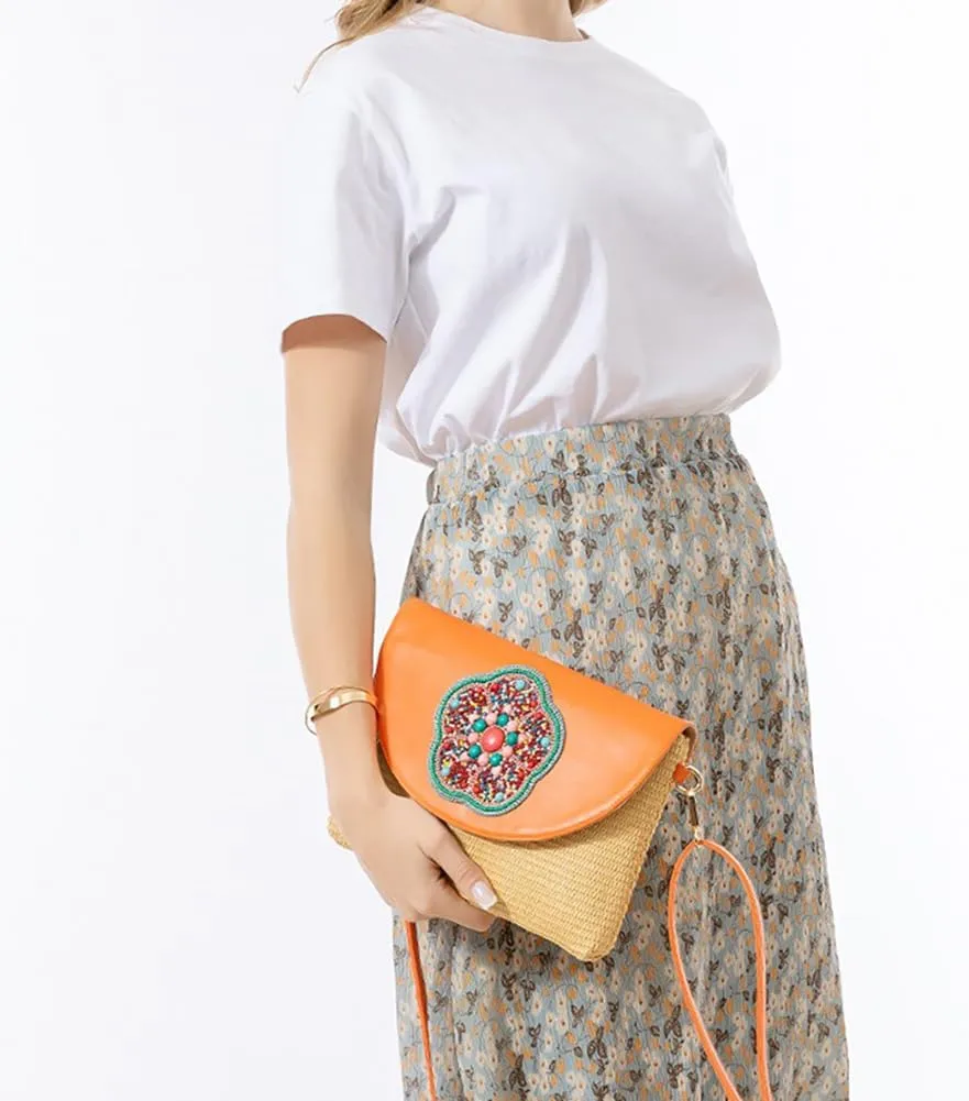 Colorful Embroidered Straw Crossbody Bag, PU Leather Stylish Versatile Evelope Purse, Novelty Beads Pattern Shoulder Tote