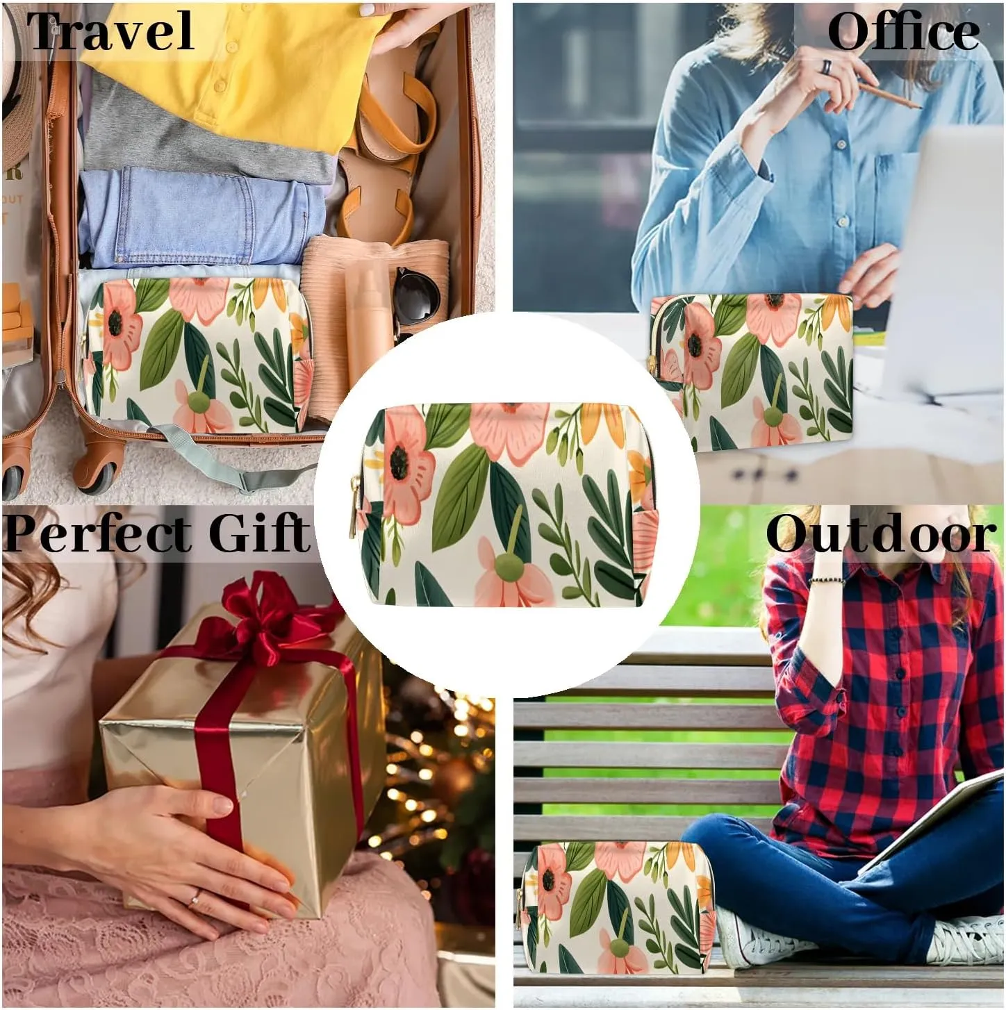 Colorful Flower Fancy Pattern Travel Makeup Bag for Women, PU Leather Waterproof Checkered Cosmetic Bags Large Make up Bag Zipper Pouch
