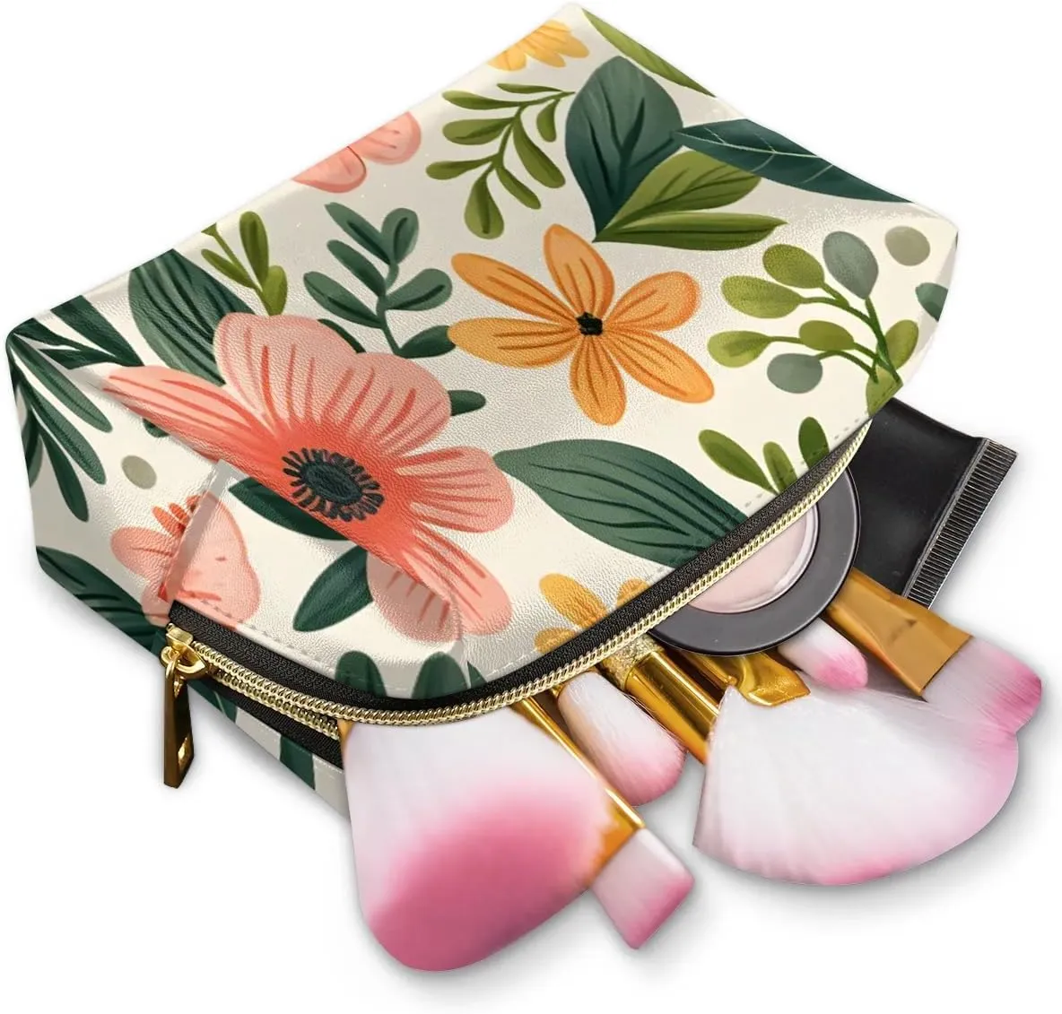 Colorful Flower Fancy Pattern Travel Makeup Bag for Women, PU Leather Waterproof Checkered Cosmetic Bags Large Make up Bag Zipper Pouch