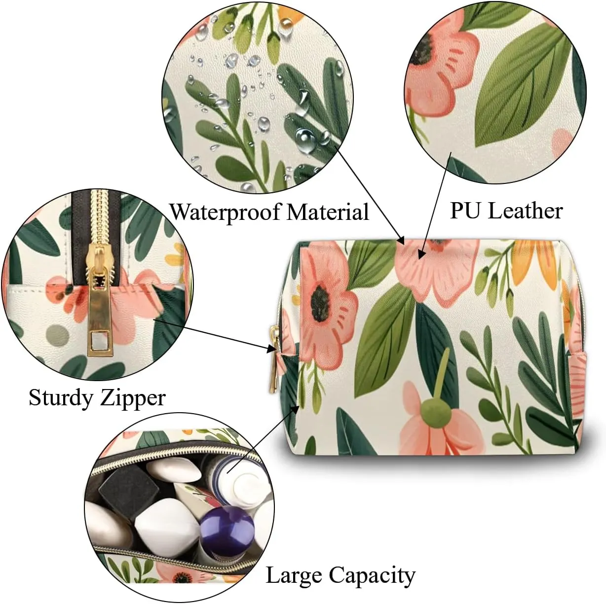 Colorful Flower Fancy Pattern Travel Makeup Bag for Women, PU Leather Waterproof Checkered Cosmetic Bags Large Make up Bag Zipper Pouch