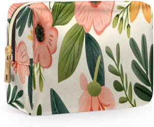 Colorful Flower Fancy Pattern Travel Makeup Bag for Women, PU Leather Waterproof Checkered Cosmetic Bags Large Make up Bag Zipper Pouch