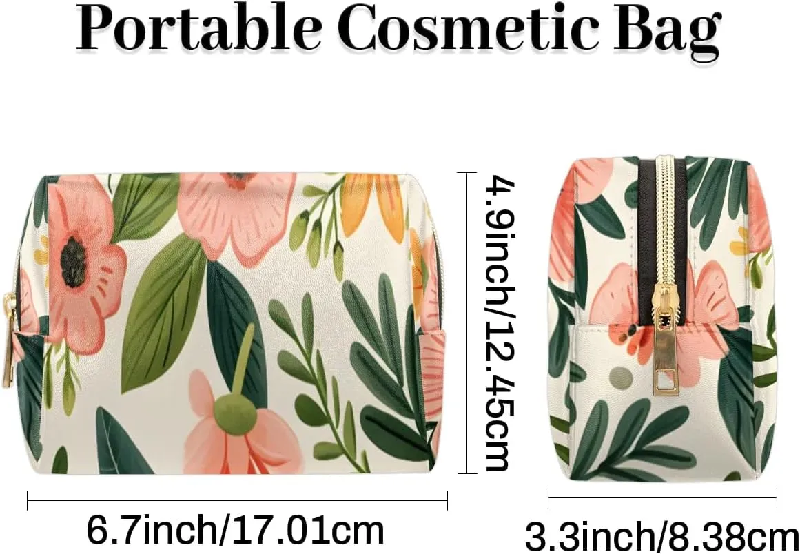 Colorful Flower Fancy Pattern Travel Makeup Bag for Women, PU Leather Waterproof Checkered Cosmetic Bags Large Make up Bag Zipper Pouch