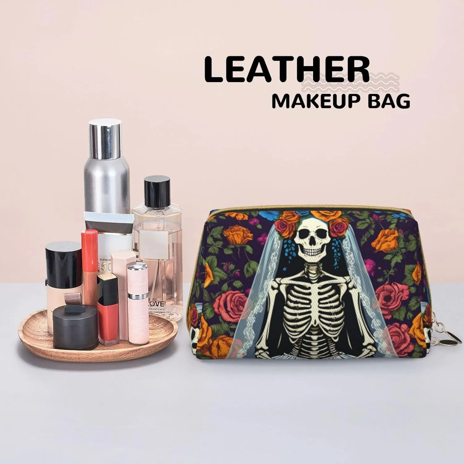 Colorful Flower Skulls Toiletry Pouch, Travel-Friendly Makeup Organizer For Makeup Brushes, Lipsticks