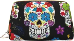 Colorful Flower Skulls Toiletry Pouch, Travel-Friendly Makeup Organizer For Makeup Brushes, Lipsticks