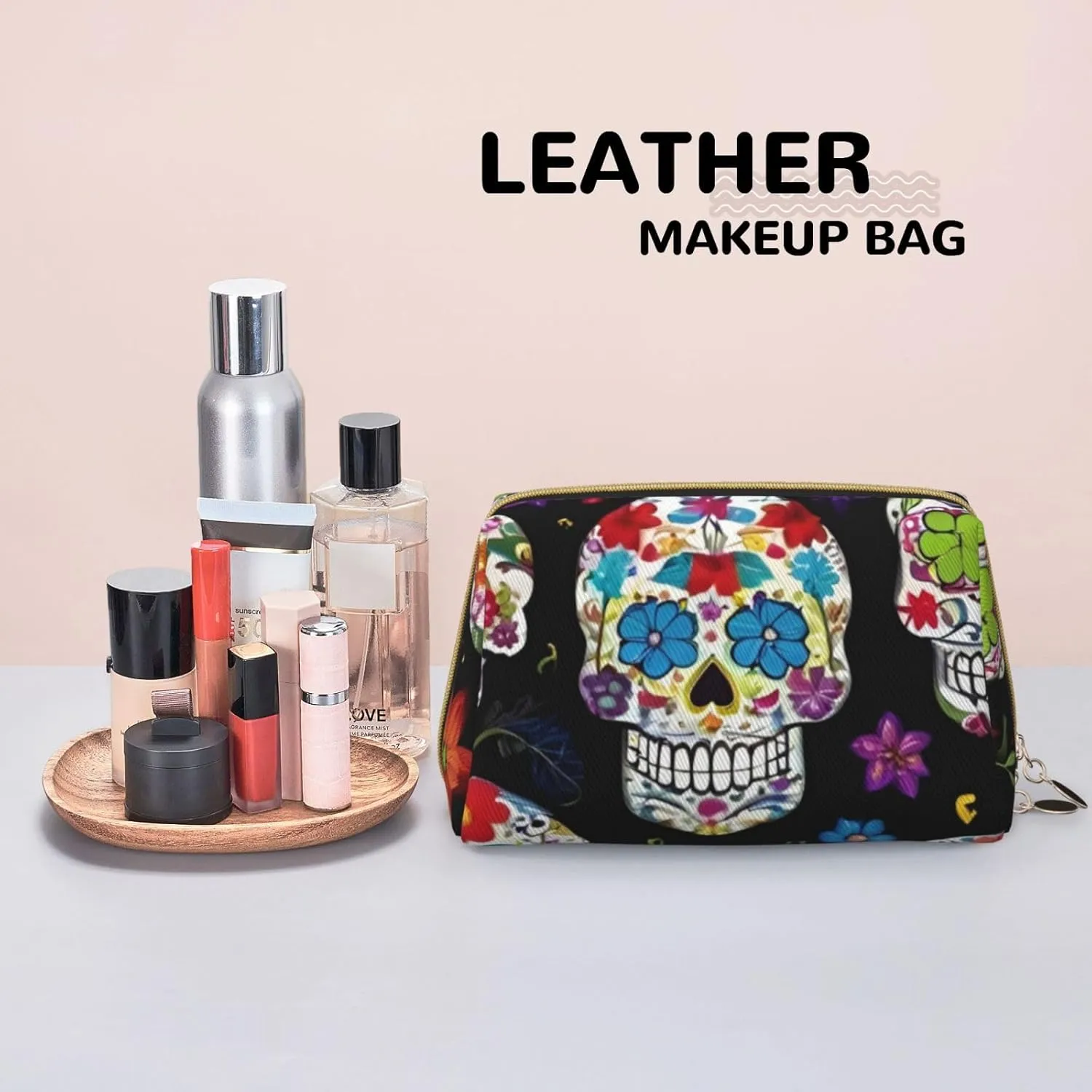 Colorful Flower Skulls Toiletry Pouch, Travel-Friendly Makeup Organizer For Makeup Brushes, Lipsticks