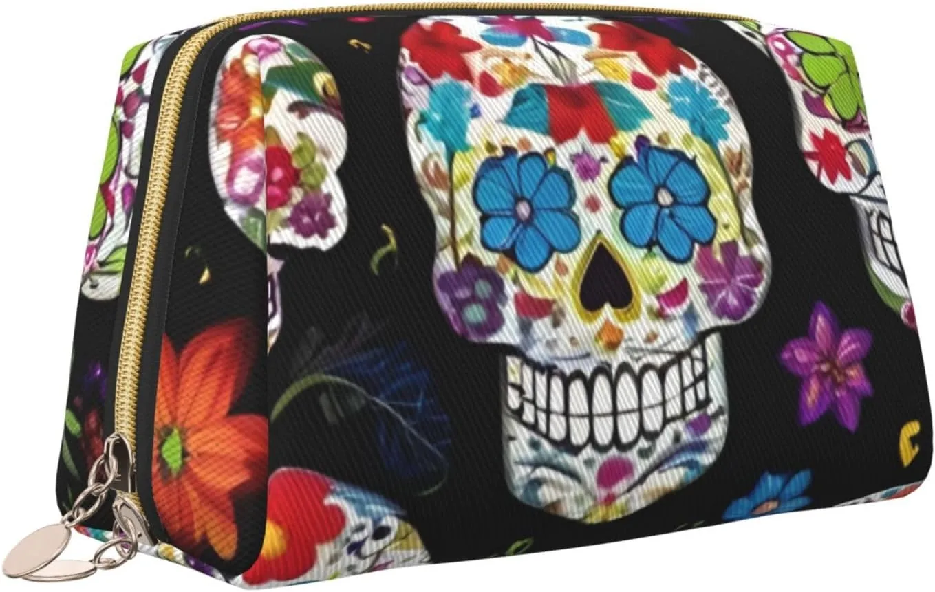 Colorful Flower Skulls Toiletry Pouch, Travel-Friendly Makeup Organizer For Makeup Brushes, Lipsticks
