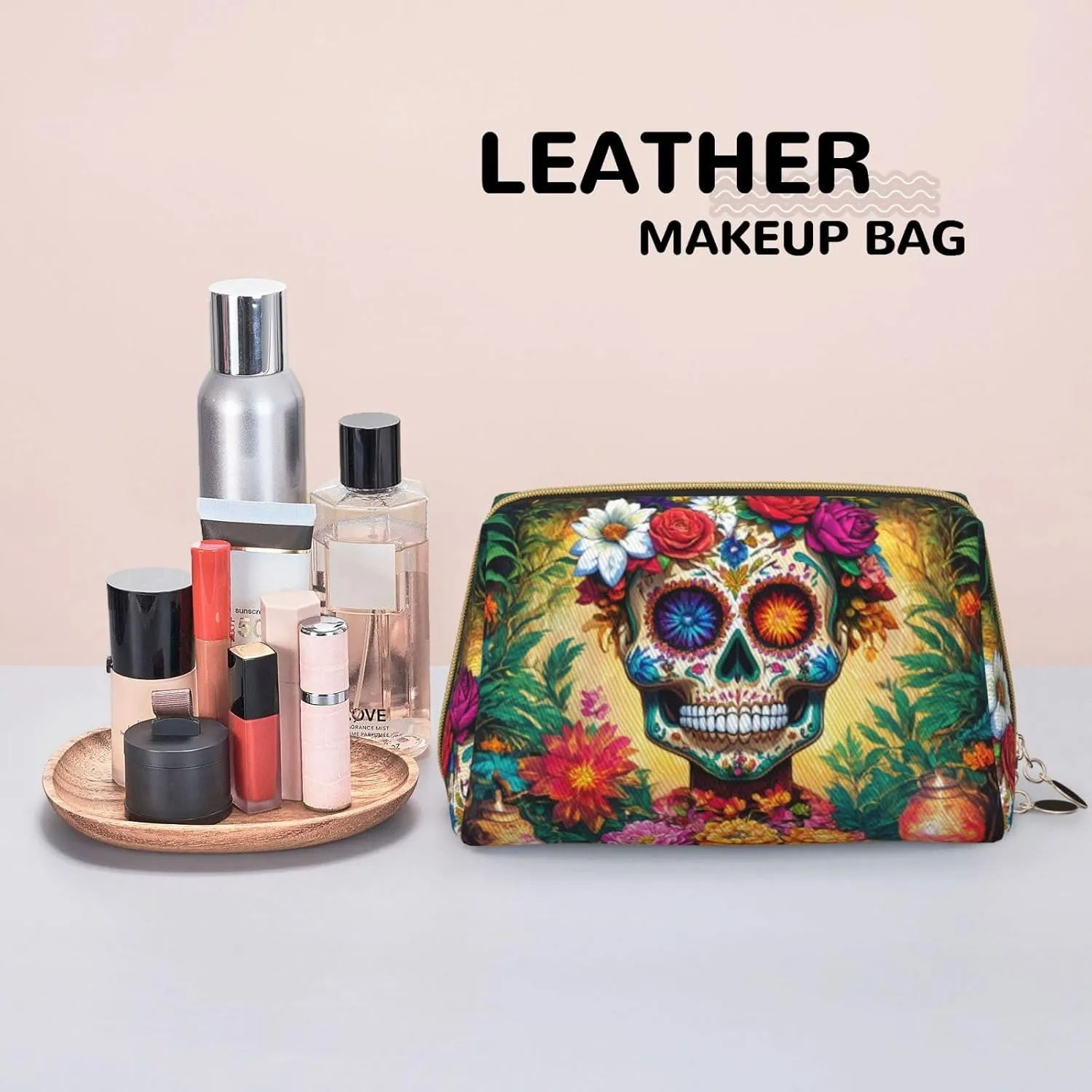 Colorful Flower Skulls Toiletry Pouch, Travel-Friendly Makeup Organizer For Makeup Brushes, Lipsticks