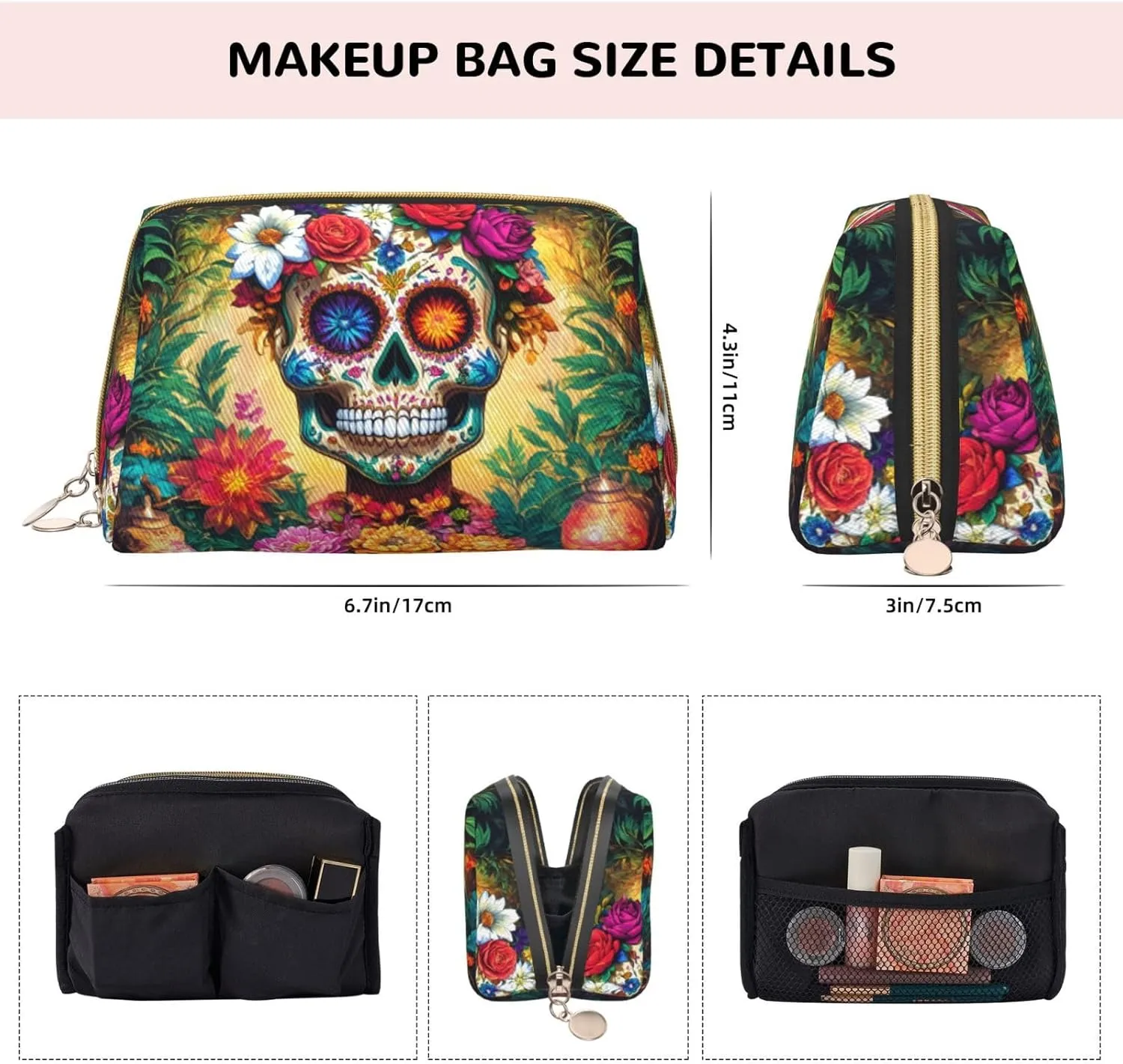 Colorful Flower Skulls Toiletry Pouch, Travel-Friendly Makeup Organizer For Makeup Brushes, Lipsticks