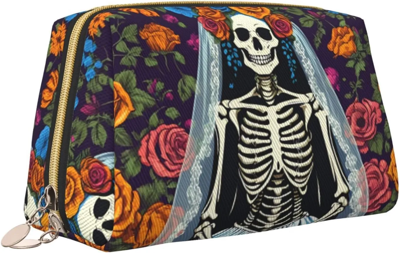 Colorful Flower Skulls Toiletry Pouch, Travel-Friendly Makeup Organizer For Makeup Brushes, Lipsticks