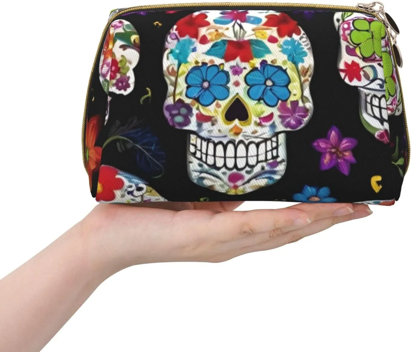 Colorful Flower Skulls Toiletry Pouch, Travel-Friendly Makeup Organizer For Makeup Brushes, Lipsticks