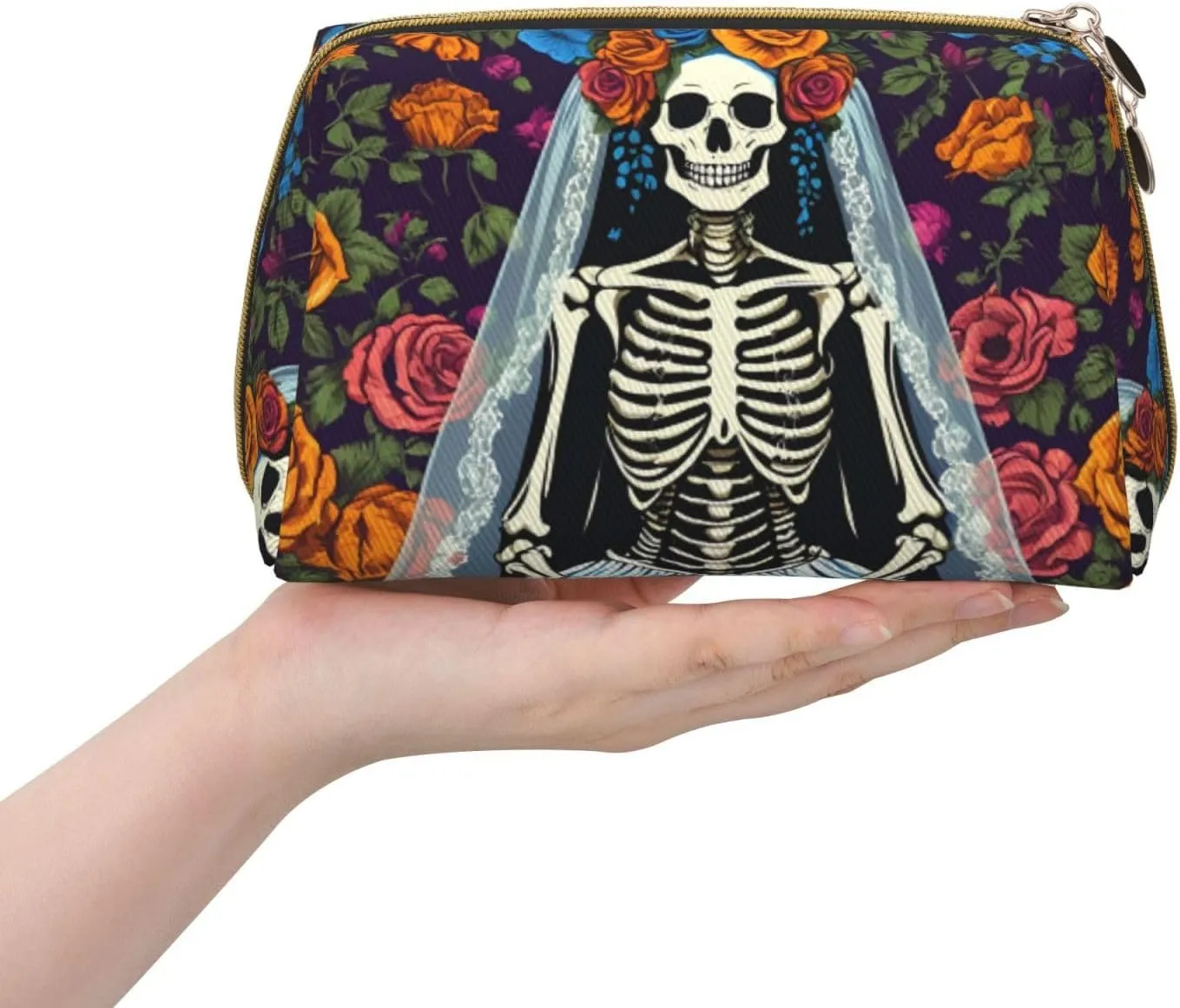 Colorful Flower Skulls Toiletry Pouch, Travel-Friendly Makeup Organizer For Makeup Brushes, Lipsticks