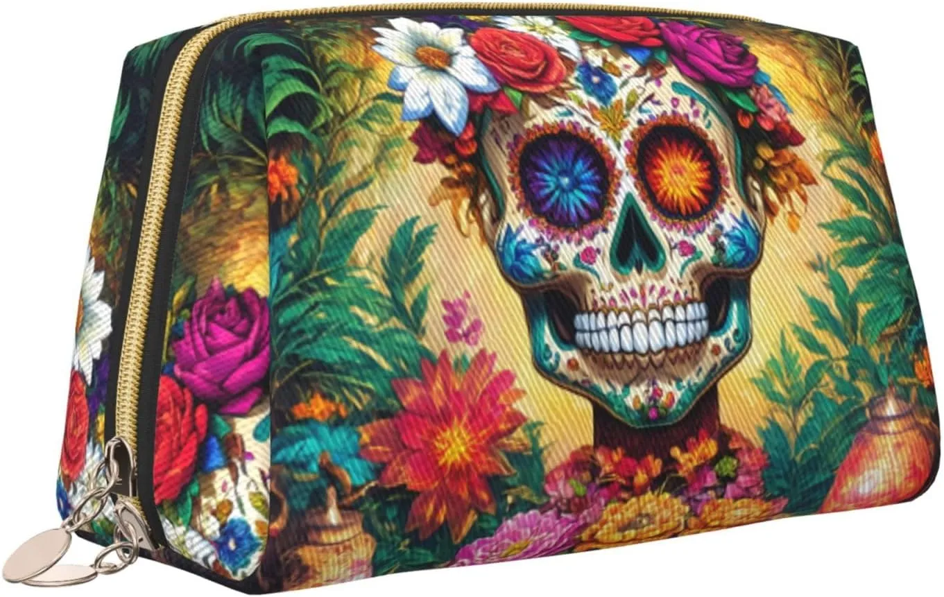 Colorful Flower Skulls Toiletry Pouch, Travel-Friendly Makeup Organizer For Makeup Brushes, Lipsticks