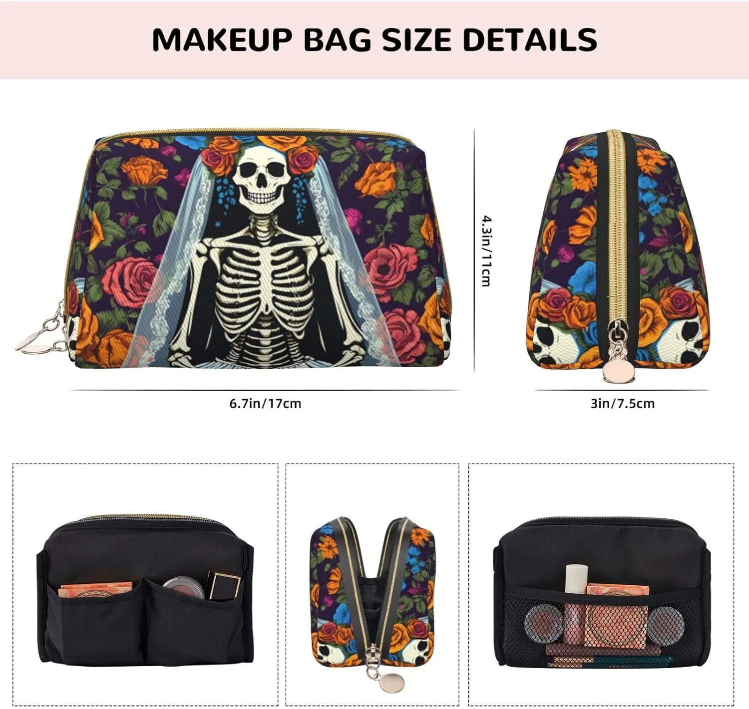 Colorful Flower Skulls Toiletry Pouch, Travel-Friendly Makeup Organizer For Makeup Brushes, Lipsticks