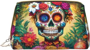Colorful Flower Skulls Toiletry Pouch, Travel-Friendly Makeup Organizer For Makeup Brushes, Lipsticks