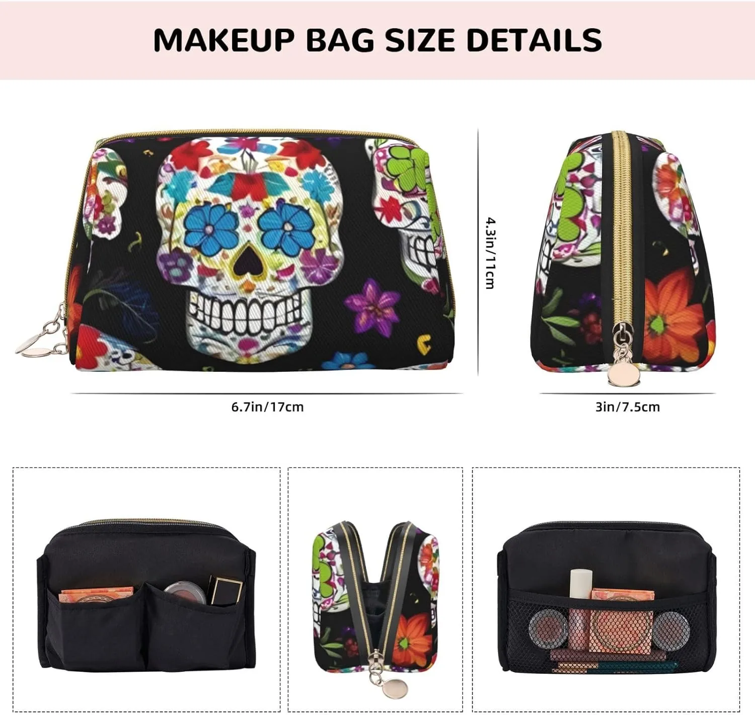 Colorful Flower Skulls Toiletry Pouch, Travel-Friendly Makeup Organizer For Makeup Brushes, Lipsticks