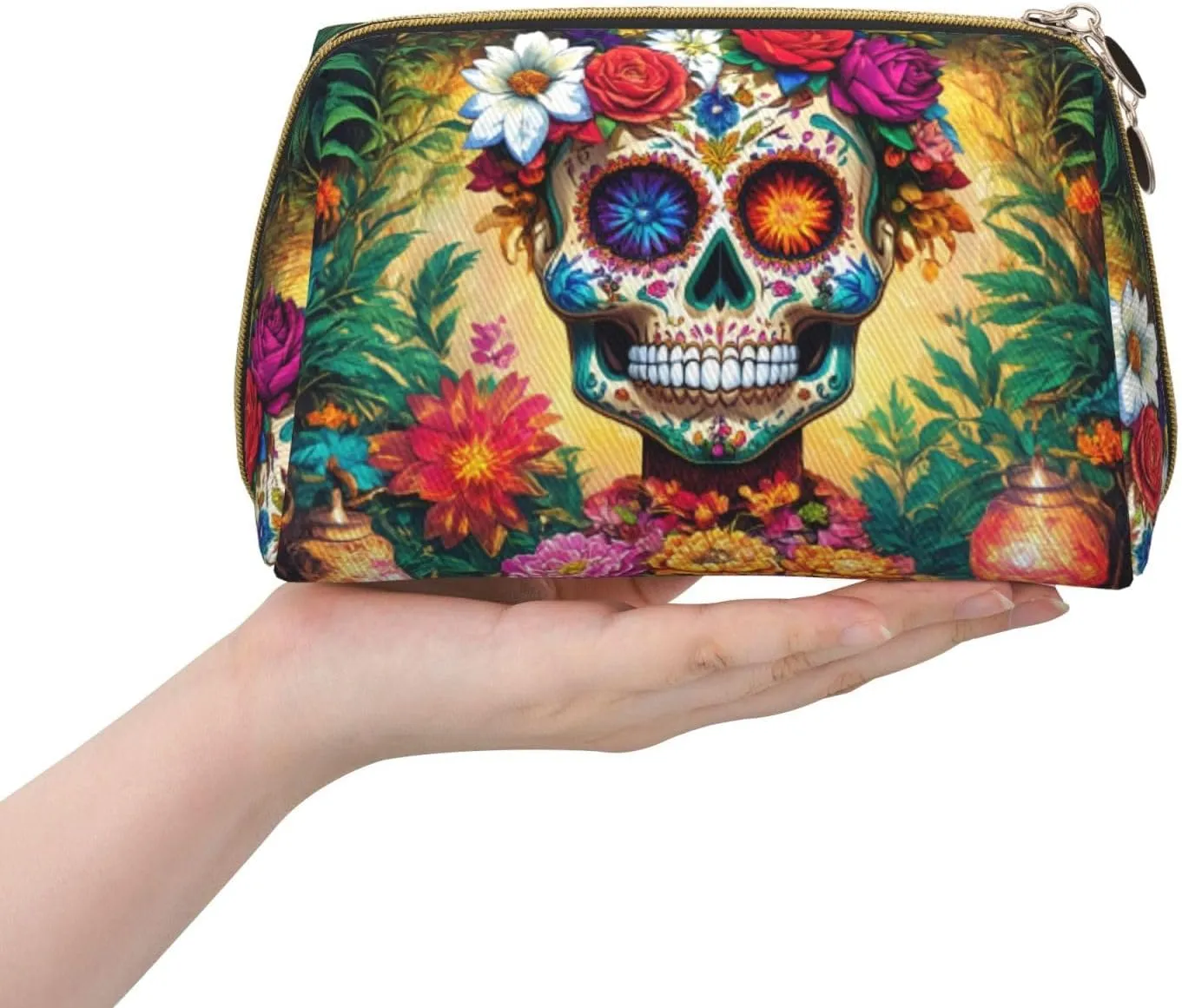 Colorful Flower Skulls Toiletry Pouch, Travel-Friendly Makeup Organizer For Makeup Brushes, Lipsticks