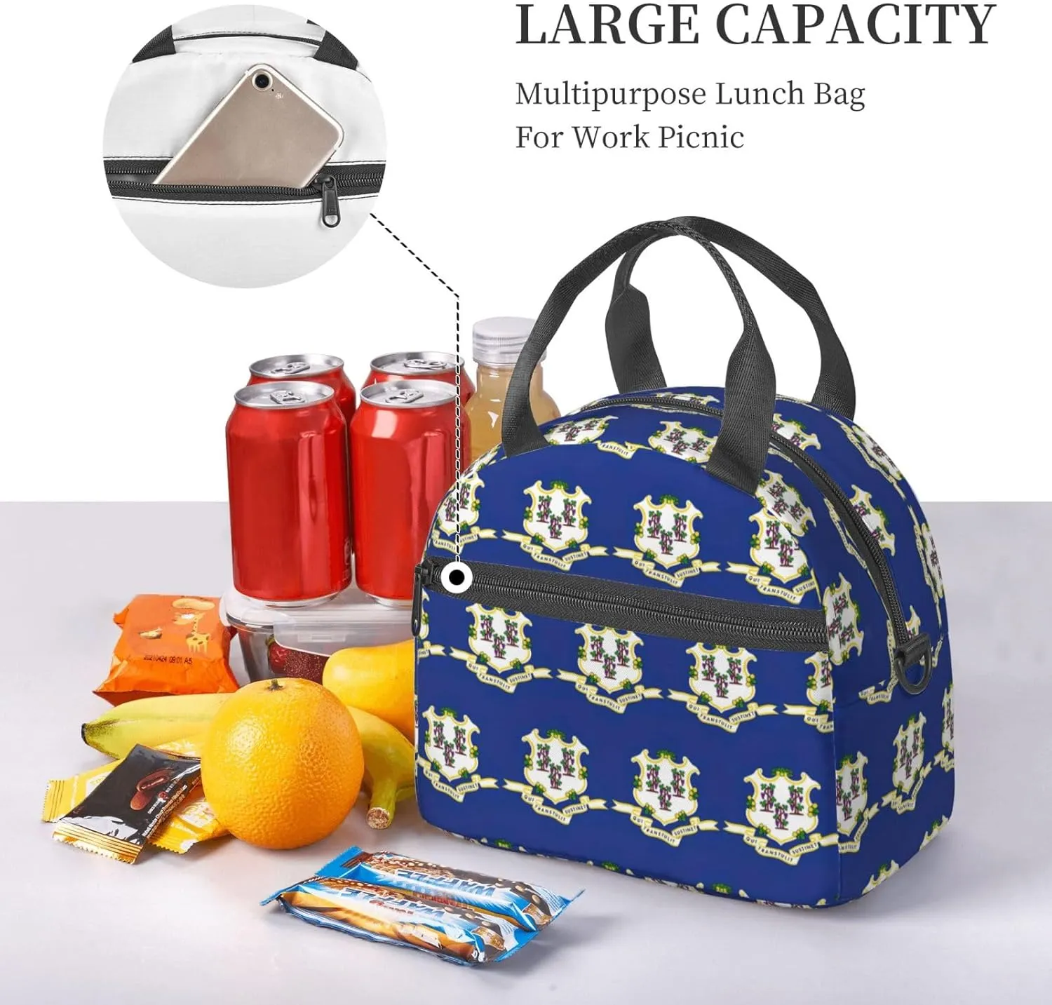 Connecticut State Flag Insulated Lunch Bag Lunch Box For Women Men Reusable Tote For Office Gym Outings