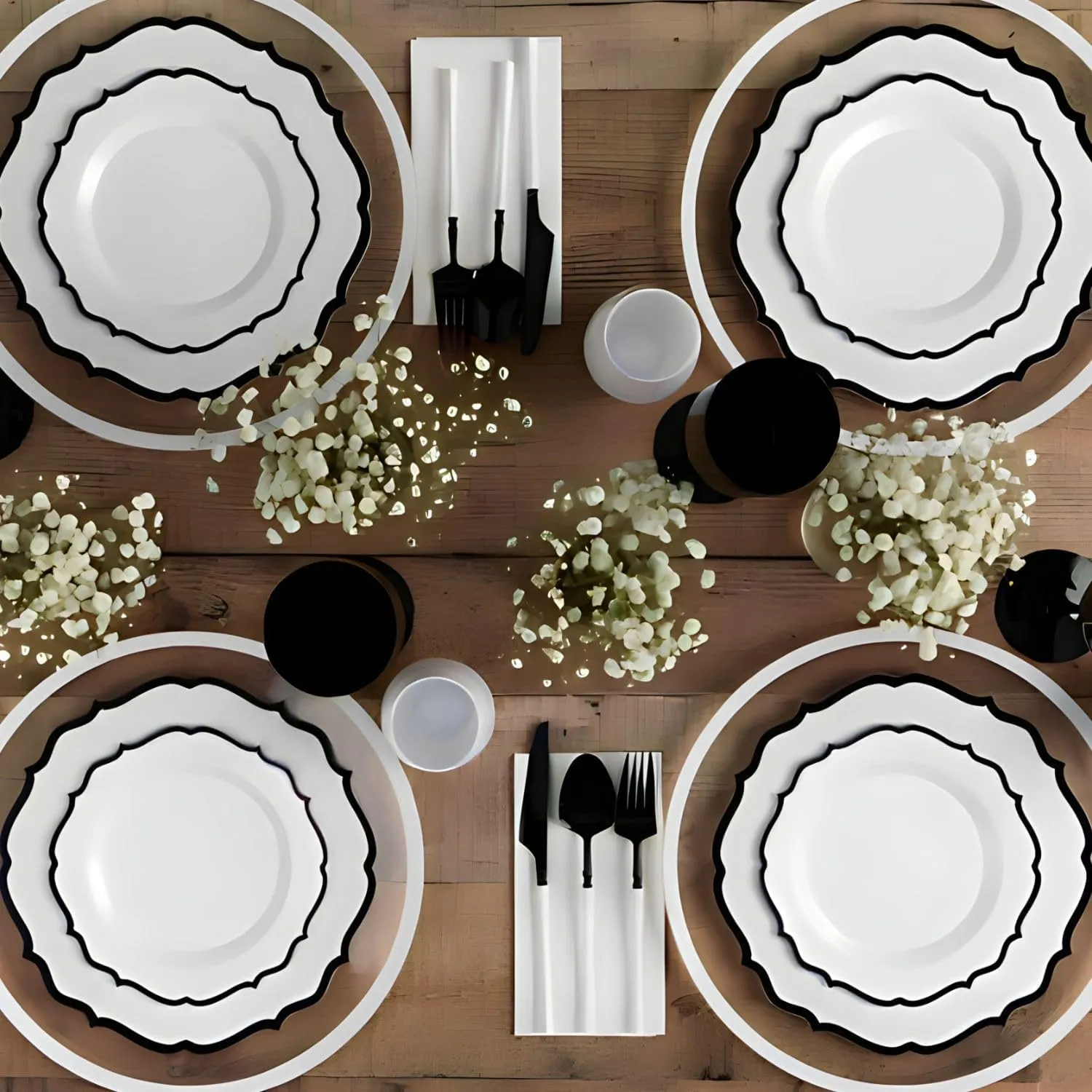 Contemporary Collection Combo Clear Plates with Black Rim - 7.5" - 10.5" (Pack of 32) - Sleek Modern Design - Perfect For Entertaining & Everyday Use