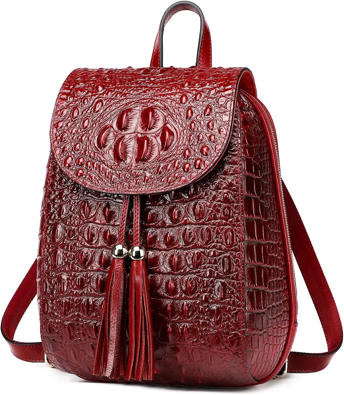 COOLCY Women Small Genuine Leather Backpack Purse Crocodile Designer Bag (Wine Red)