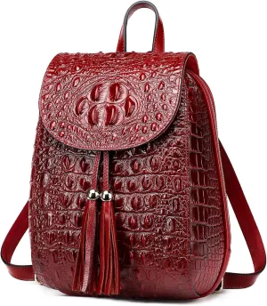 COOLCY Women Small Genuine Leather Backpack Purse Crocodile Designer Bag (Wine Red)