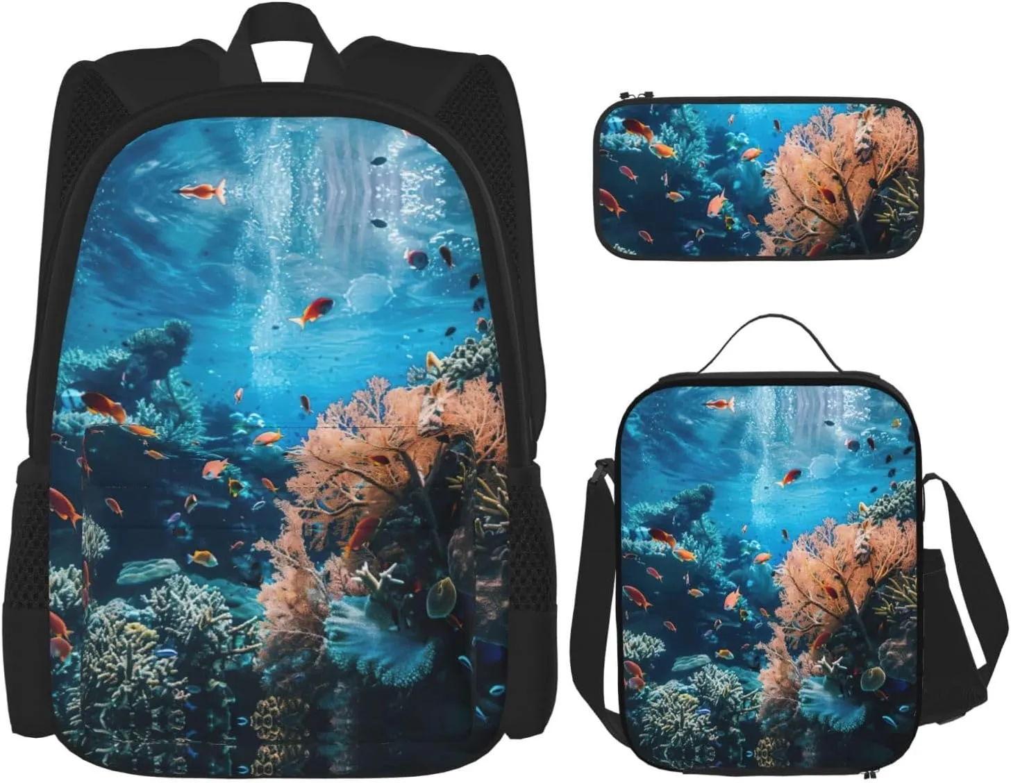 Coral Reef Print Stylish Travel Backpack And Lunch Box Set,600d Oxford Fabric,With Insulated Lunch Bag