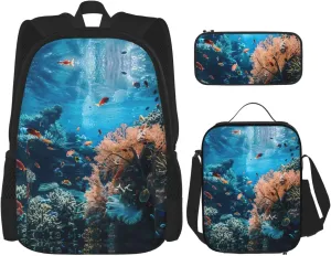 Coral Reef Print Stylish Travel Backpack And Lunch Box Set,600d Oxford Fabric,With Insulated Lunch Bag