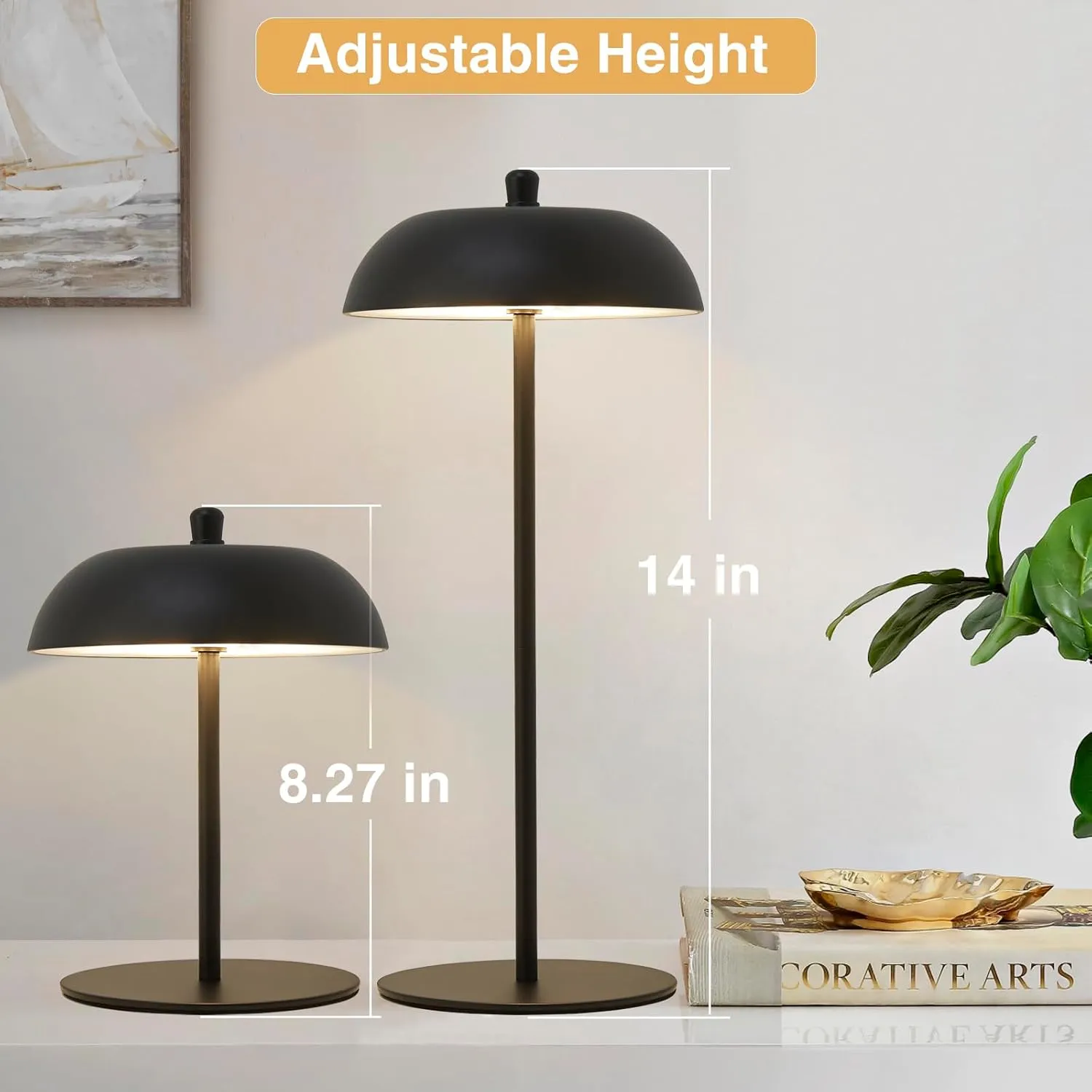 Cordless Table Lamp Rechargeable - Adjustable Height LED Desk Lamp 3 Way Dimmable Touch Nightstand Reading Lamp - Black Modern Small Bedside Wireless Table Lamp for Dorm Home Bedroom Office