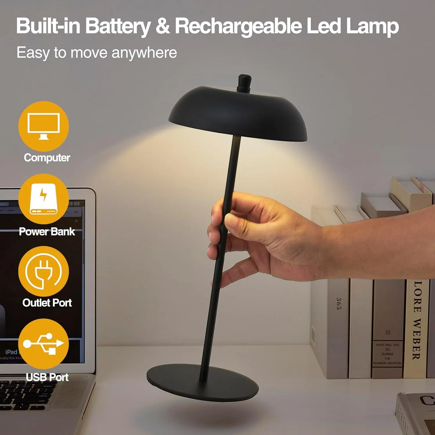 Cordless Table Lamp Rechargeable - Adjustable Height LED Desk Lamp 3 Way Dimmable Touch Nightstand Reading Lamp - Black Modern Small Bedside Wireless Table Lamp for Dorm Home Bedroom Office
