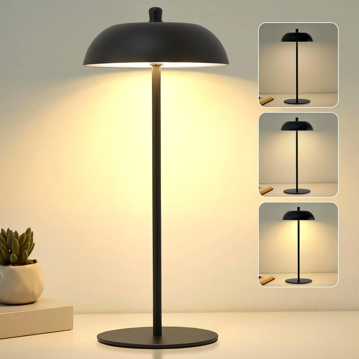 Cordless Table Lamp Rechargeable - Adjustable Height LED Desk Lamp 3 Way Dimmable Touch Nightstand Reading Lamp - Black Modern Small Bedside Wireless Table Lamp for Dorm Home Bedroom Office