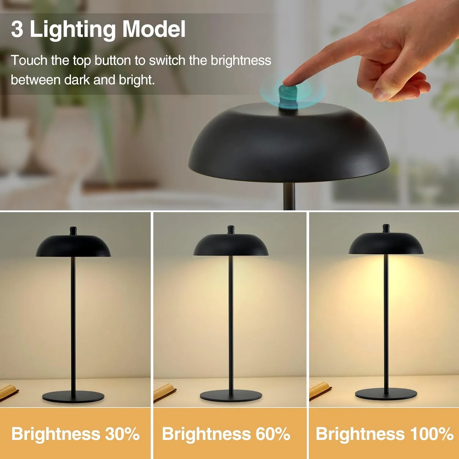 Cordless Table Lamp Rechargeable - Adjustable Height LED Desk Lamp 3 Way Dimmable Touch Nightstand Reading Lamp - Black Modern Small Bedside Wireless Table Lamp for Dorm Home Bedroom Office