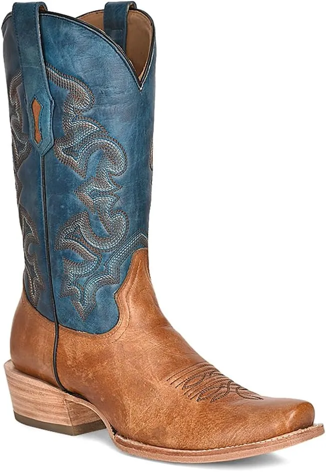 CORRAL MEN'S SAND/NAVY BLUE EMBROIDERY HORSEMAN TOE, LEATHER WITH RUBBER INSERT SOLE, WESTERN A4378