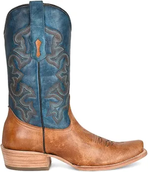 CORRAL MEN'S SAND/NAVY BLUE EMBROIDERY HORSEMAN TOE, LEATHER WITH RUBBER INSERT SOLE, WESTERN A4378