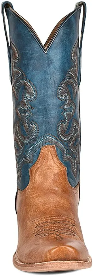 CORRAL MEN'S SAND/NAVY BLUE EMBROIDERY HORSEMAN TOE, LEATHER WITH RUBBER INSERT SOLE, WESTERN A4378