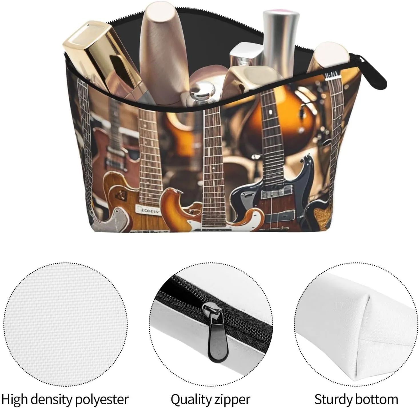 Cosmetic Bag Portable Makeup Bag Guitar Bass Music Musical Instruments Toiletry Bag Large Capacity Zipper Pouch Waterproof Toiletry Pouch Makeup Organizer Case for Women Men