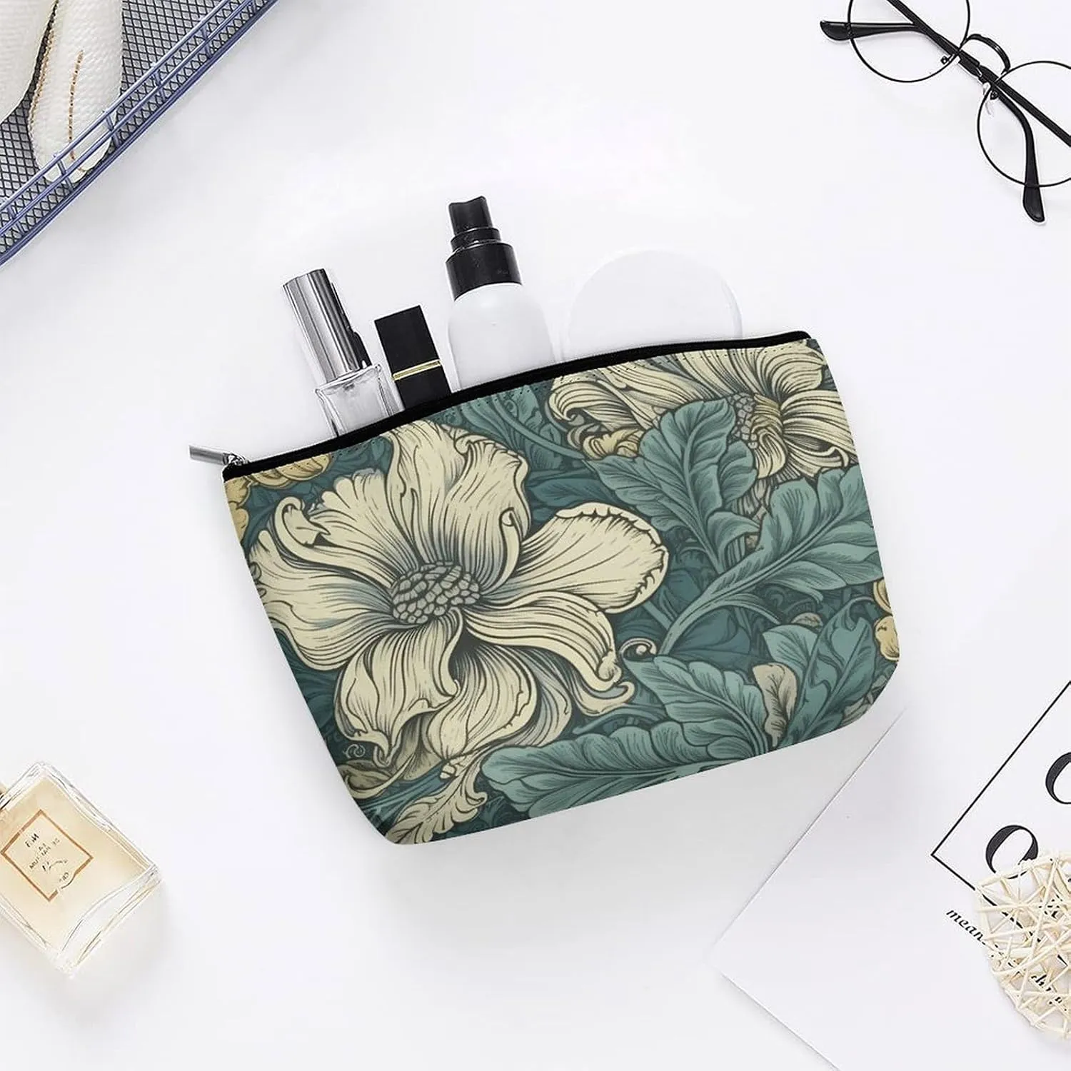 Cosmetic Bag Travel Makeup Bag Waterproof Toiletry Bag Green Pattern Makeup Organizer Case Portable Toiletry Pouch Large Capacity Zipper Pouch for Women Men