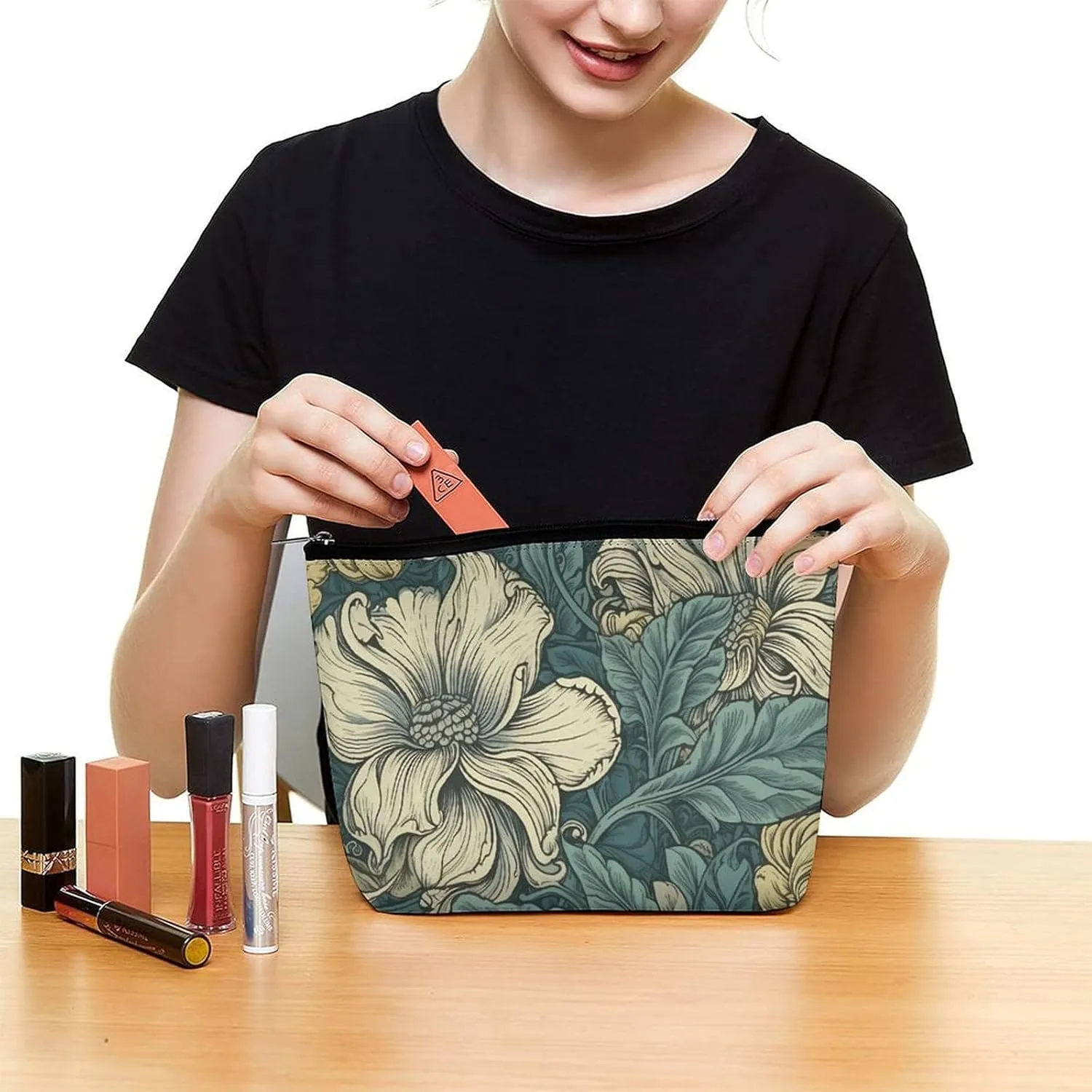 Cosmetic Bag Travel Makeup Bag Waterproof Toiletry Bag Green Pattern Makeup Organizer Case Portable Toiletry Pouch Large Capacity Zipper Pouch for Women Men