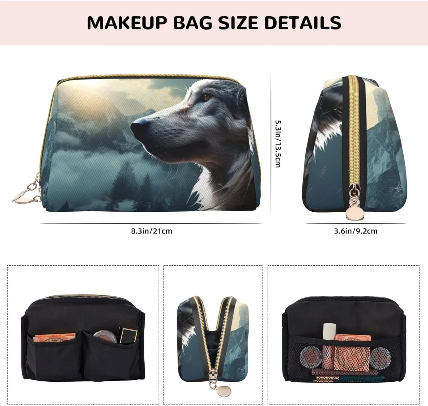 Cosmetic bag Travel Makeup Bag Waterproof Toiletry Pouch Portable Wide open Pouch Wolf at night Makeup Organizer Case Large Capacity Zipper Pouch Toiletry bag for women