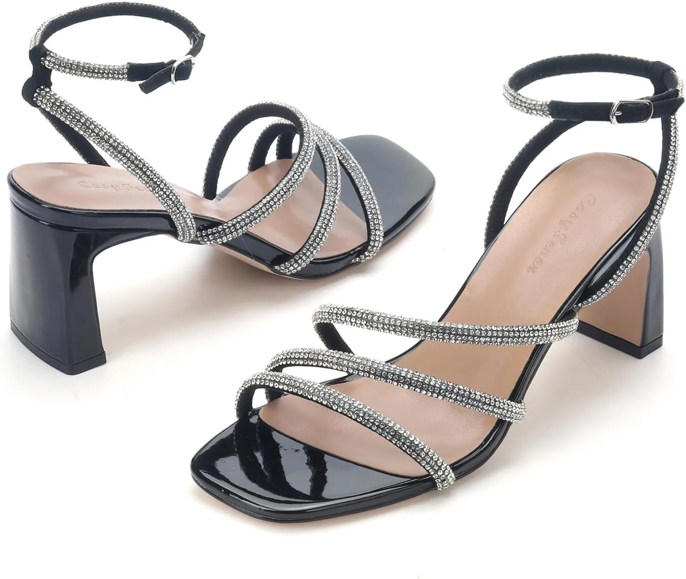 CosyFever Womens Rhinestone Heeled Sandals Ankle Strap Square Toe Chunky Block Heel Shoes for Casual Wedding Dressy Evening Party