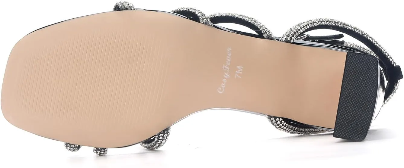 CosyFever Womens Rhinestone Heeled Sandals Ankle Strap Square Toe Chunky Block Heel Shoes for Casual Wedding Dressy Evening Party