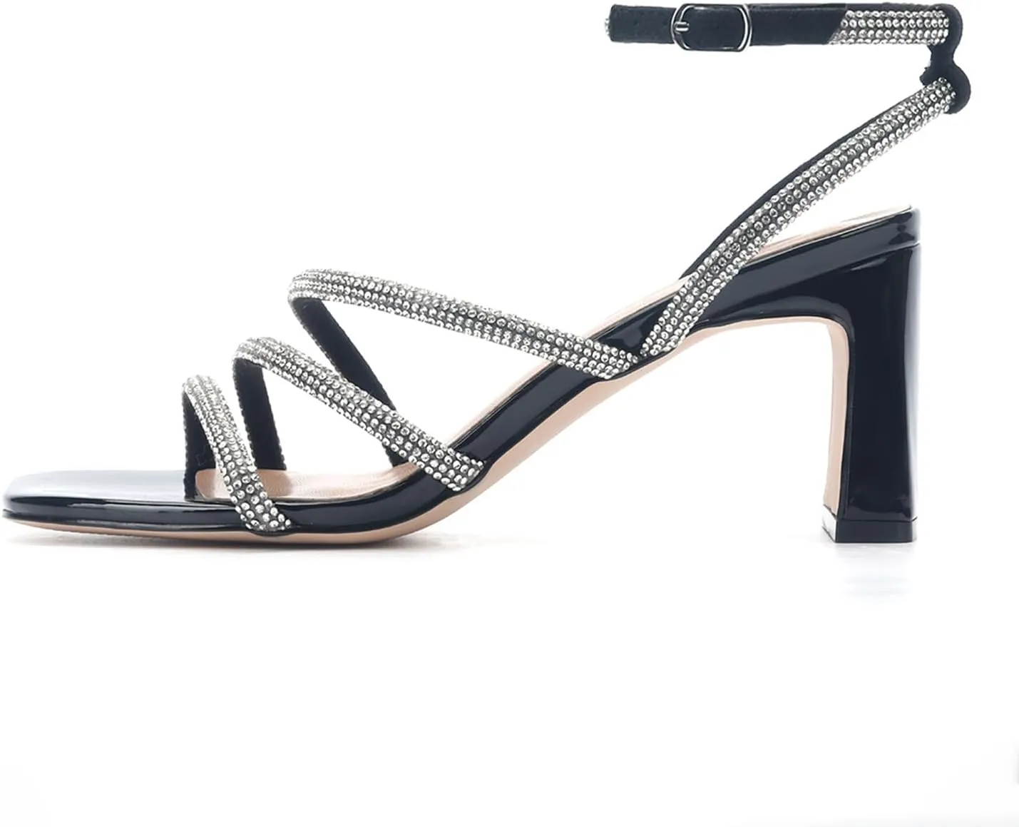 CosyFever Womens Rhinestone Heeled Sandals Ankle Strap Square Toe Chunky Block Heel Shoes for Casual Wedding Dressy Evening Party