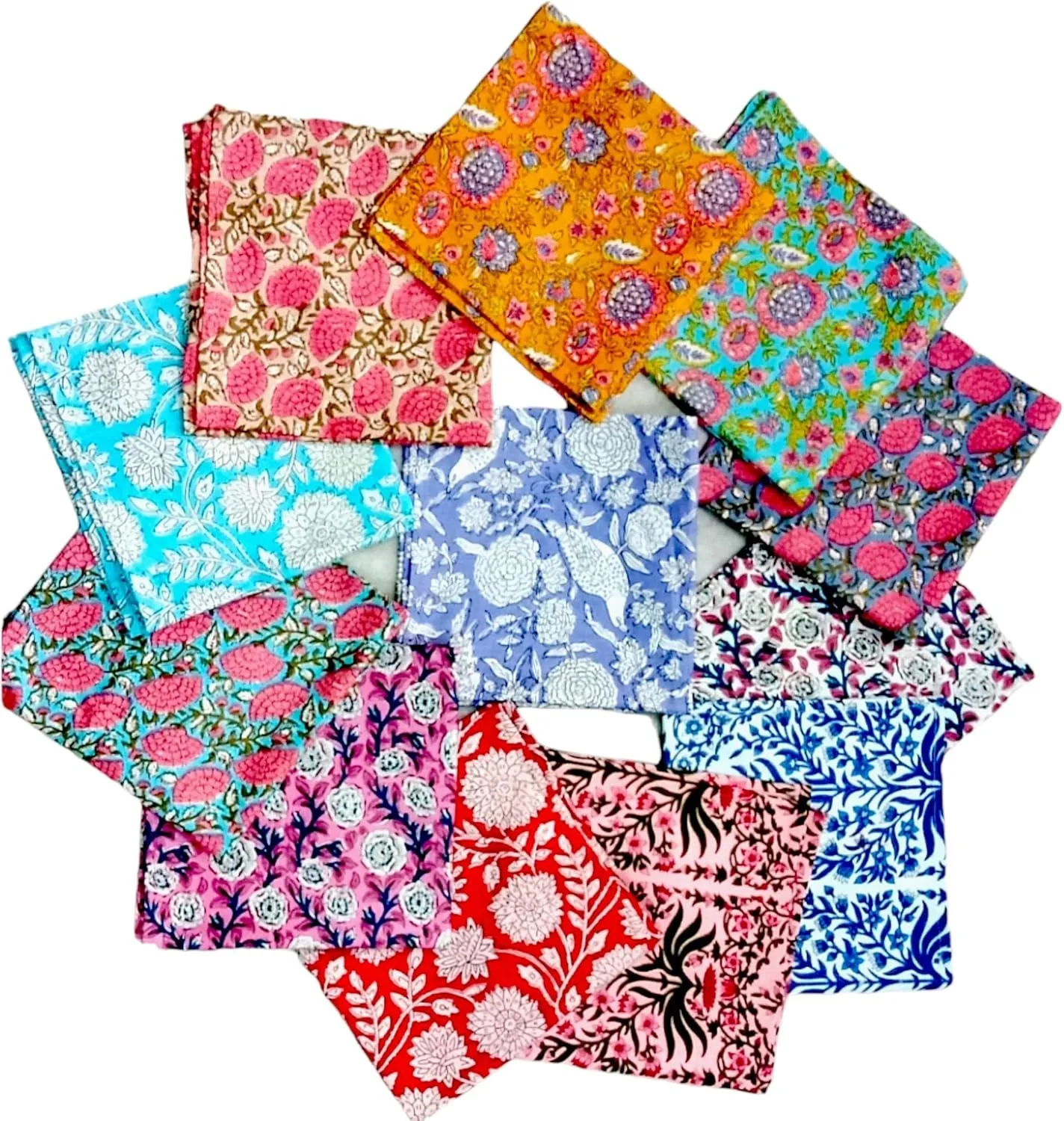 COTSILER Premium Handblock Cotton Napkin Set, Floral Print, Handmade Reusable Washable for Dinner (Multicolor, 16x16 Inch -Set of 12)