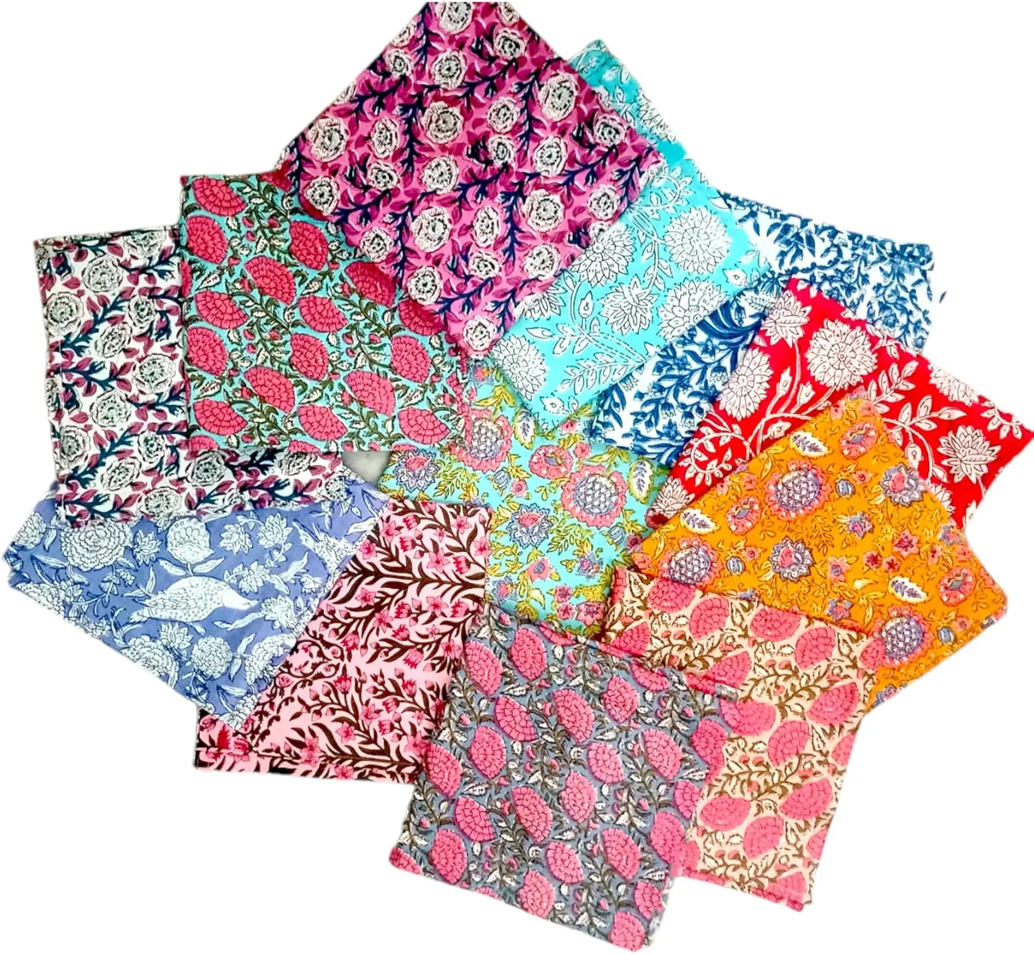 COTSILER Premium Handblock Cotton Napkin Set, Floral Print, Handmade Reusable Washable for Dinner (Multicolor, 16x16 Inch -Set of 12)
